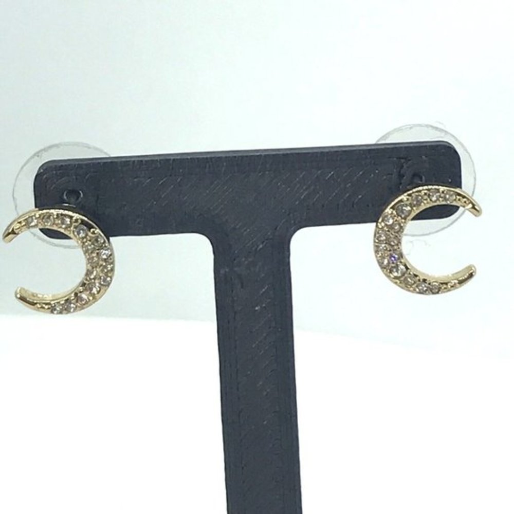 Crescent Moon Earrings Letter C Crystals Celestial‎ Horoscope gold tone
